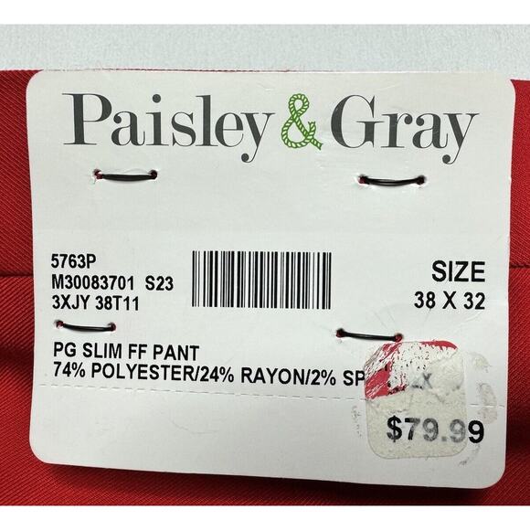 NWT Paisley & Gray Men's Red Flat Front Slim Fit Chino Pants - Size 38x31.5 - Picture 6 of 9